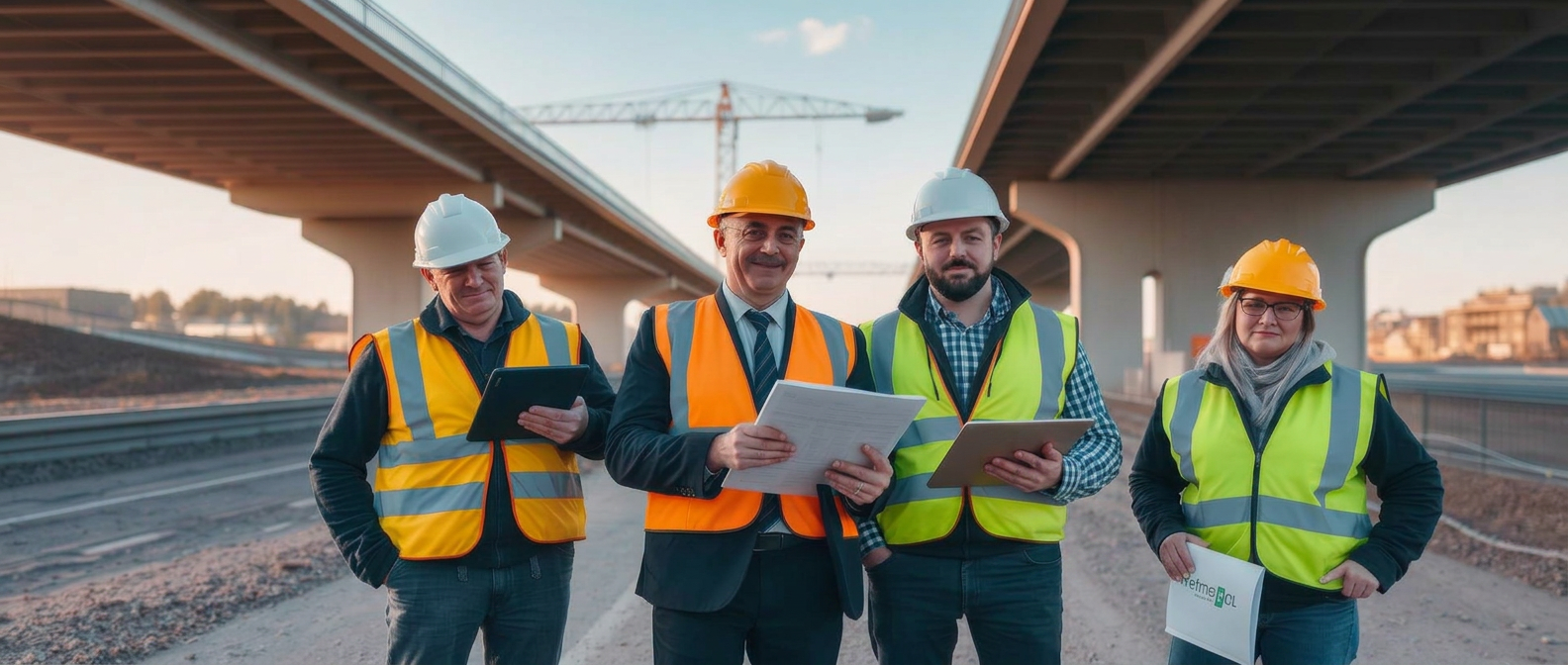 Engineers reviewing plans on an infrastructure site