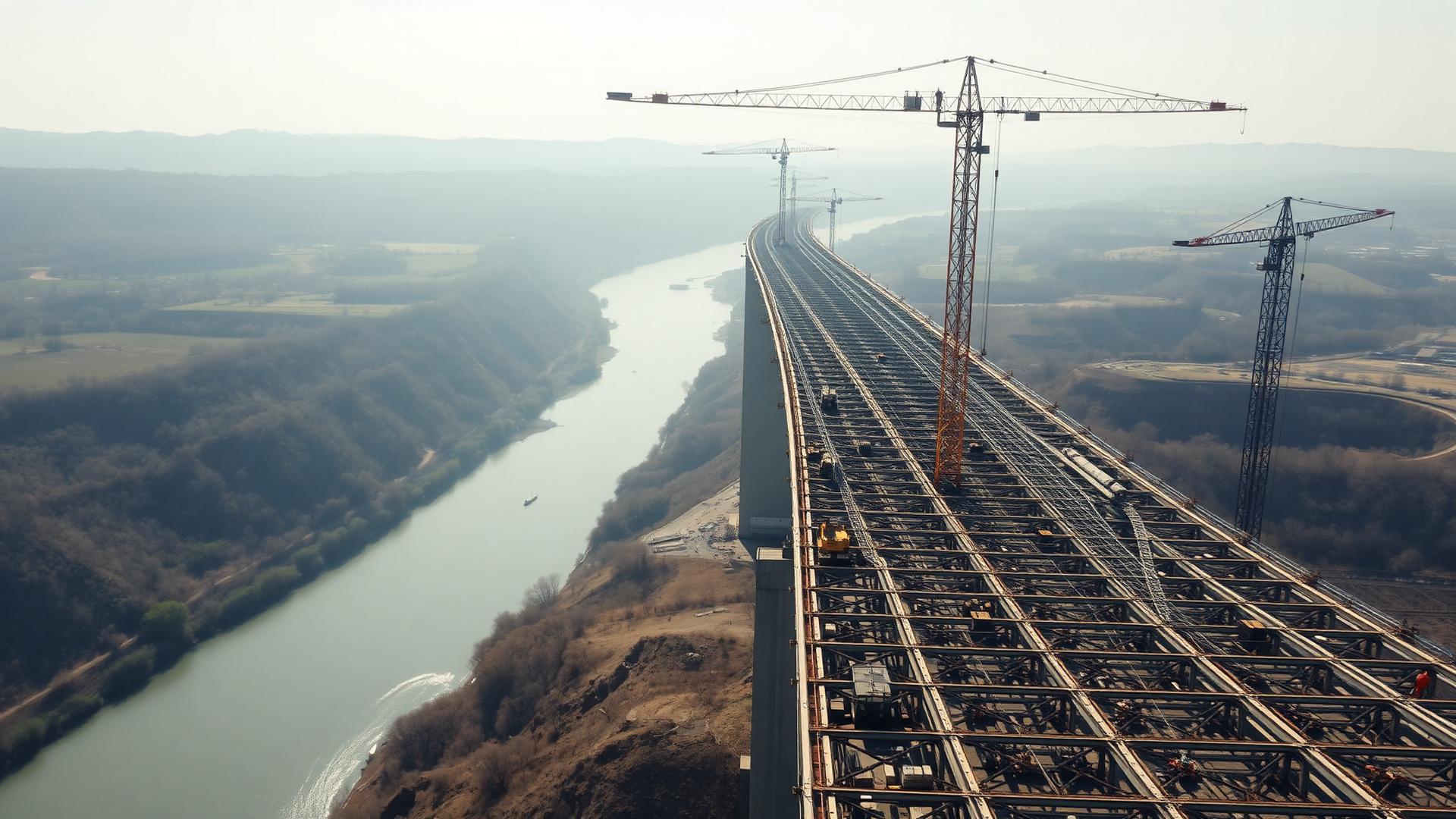 European bridge construction with cranes at dusk
